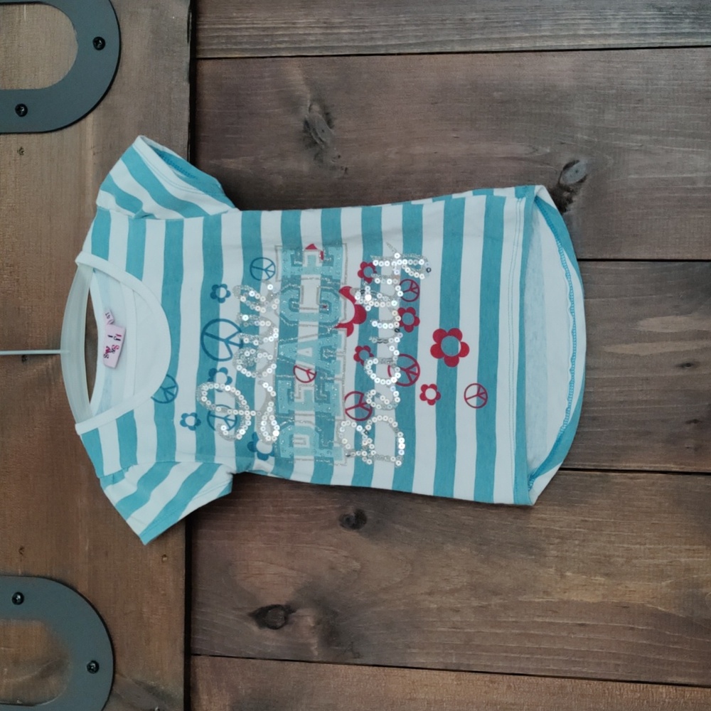 Sweet and Soft, 4T sequenced blue and white striped short sleeve shirt